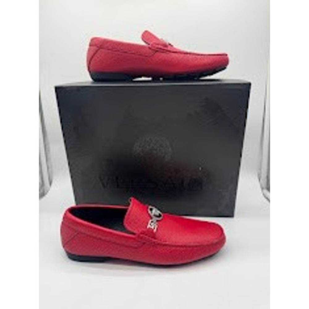 Versace Medusa Head Red Pebbled Leather Driving Loafers DSU4669 Mens 39.5